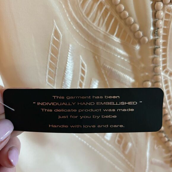 Bebe Embroidered Hand Beaded Draped sleeves Pink blush Sheer Blouse XL - Picture 8 of 13